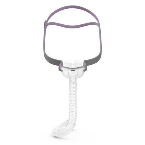 ResMed AirFit P10 For Her nasal pillows CPAP mask front view with headgear
